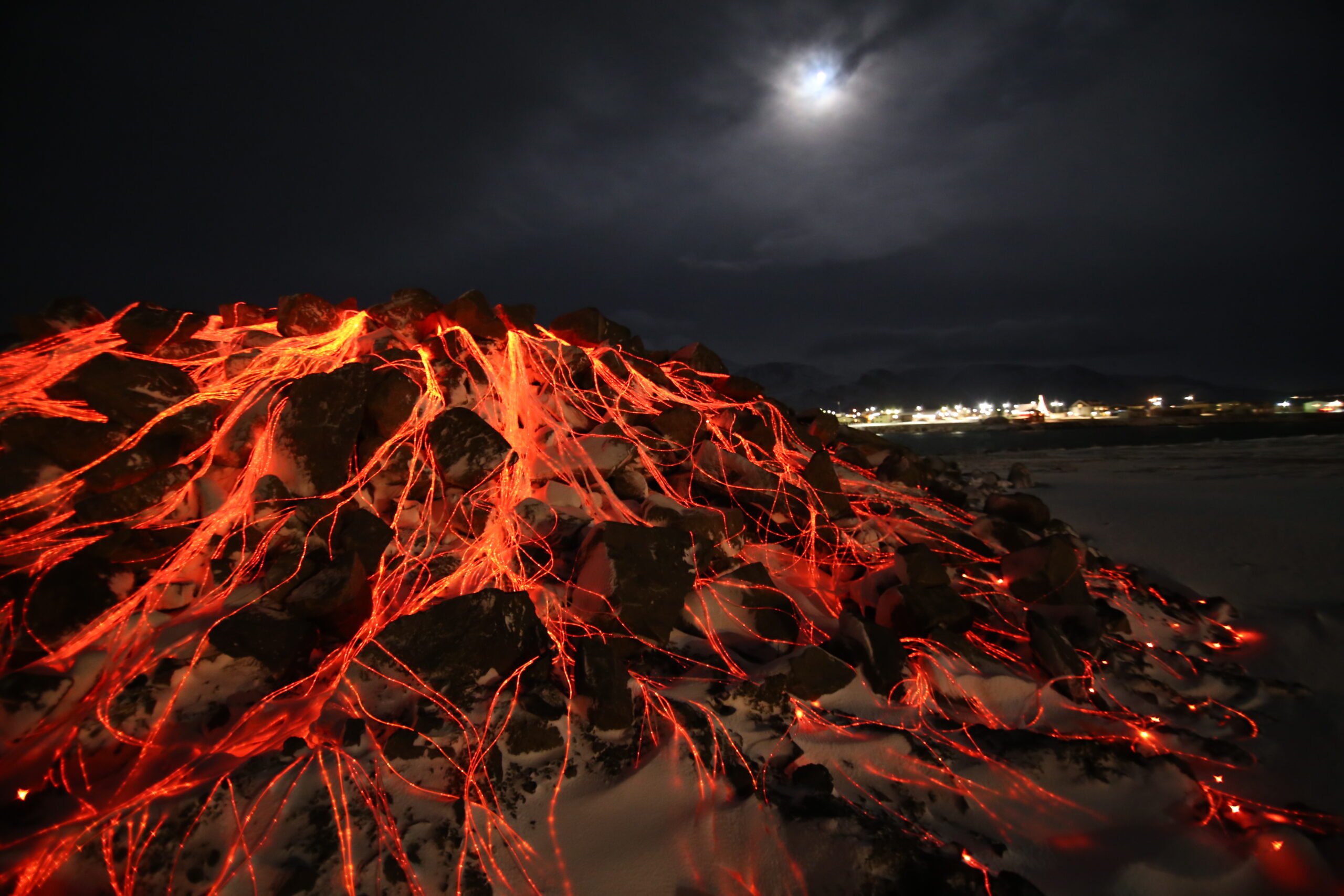 volcano made from fibre optic lights